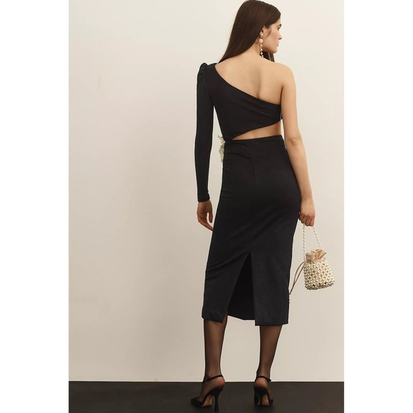 PatBO One Shoulder Floral Appliqué Cutout Midi Dress US 4 Black White Gorgeous🖤 - Picture 5 of 13